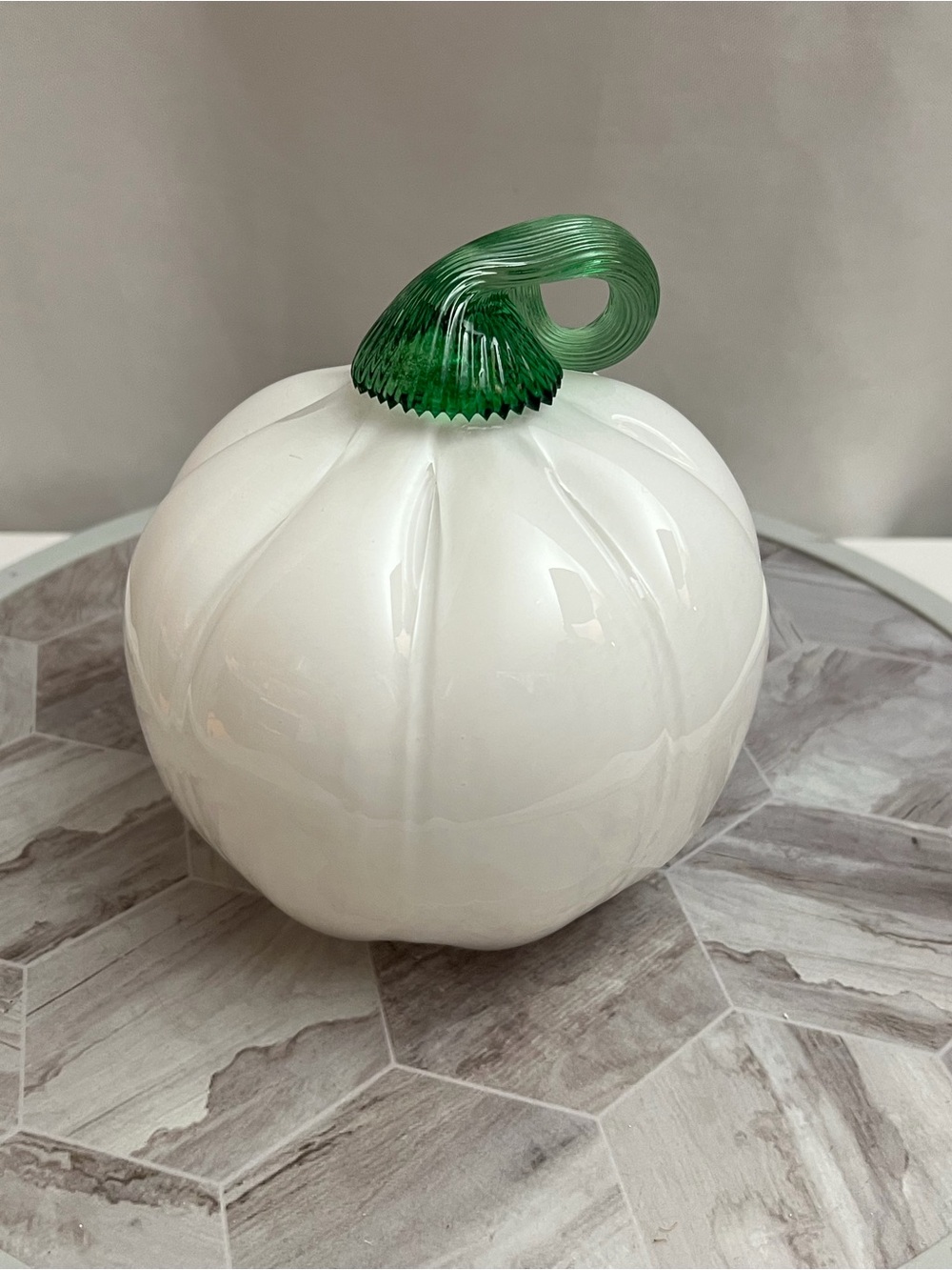 White Art Glass Pumpkin Paperweight Hand Blown Swirl Green Stem Fall Harvest